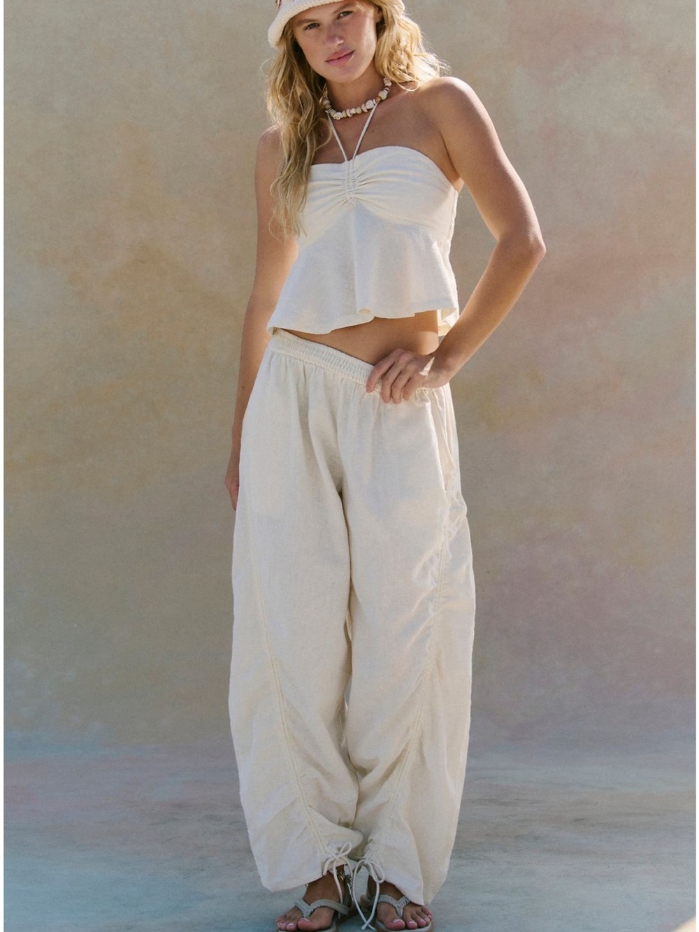 Women's Cream Drawstring Cropped Pants & Halter Top Set - Picture 5 of 6